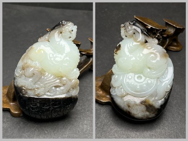 古びた蔵『和田玉原石彫り招財進寶黑皮貔貅』極細工置物擺件古賞物古