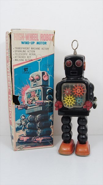 超歓迎  吉屋 雑貨 箱付 ギアロボット ハイホイールロボット ブリキ 当時物 1970年代 ゼンマイ式 ROBOT WHEEL HIGH ロボット