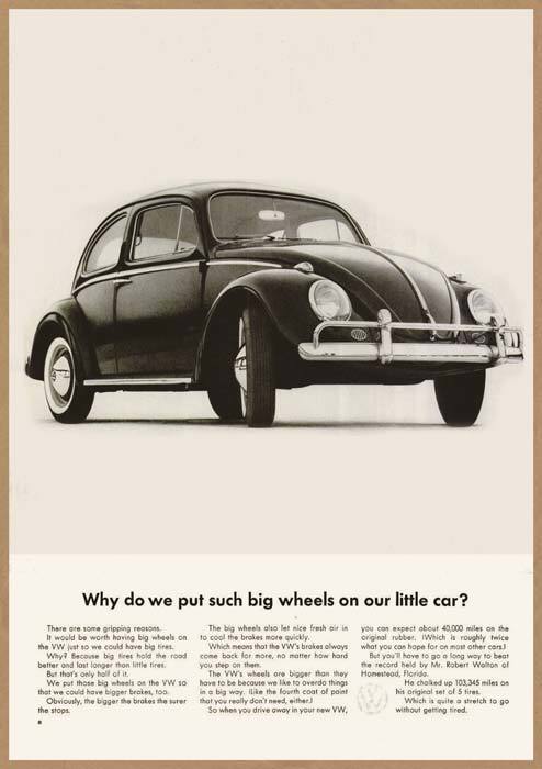ワーゲン ビートル レトロミニポスター B5サイズ 複製広告 ◆ VW タイプ1 モノクロ どうして大きなタイヤをつけたの？ USAD5-198_画像1