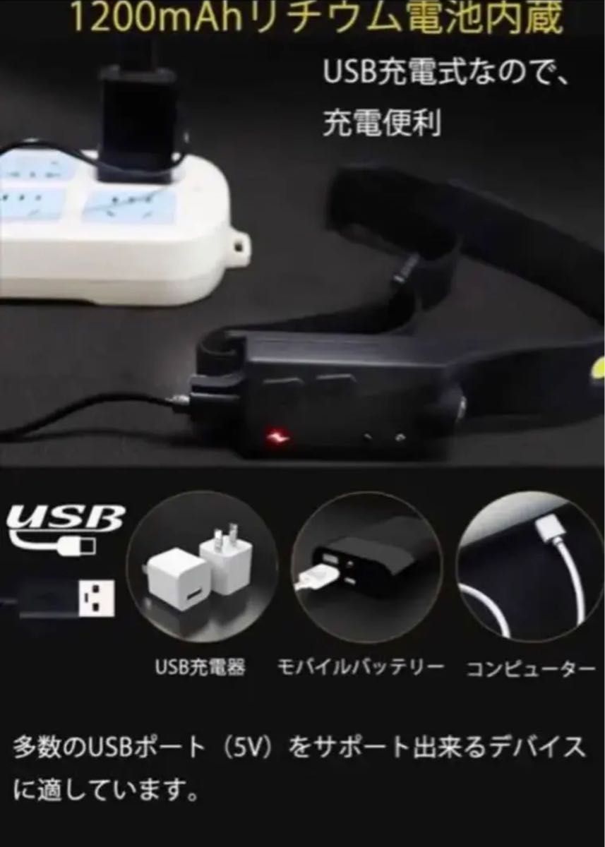 【2個セット】ヘッドライト 充電式USB LEDデュアル光源 高輝度 