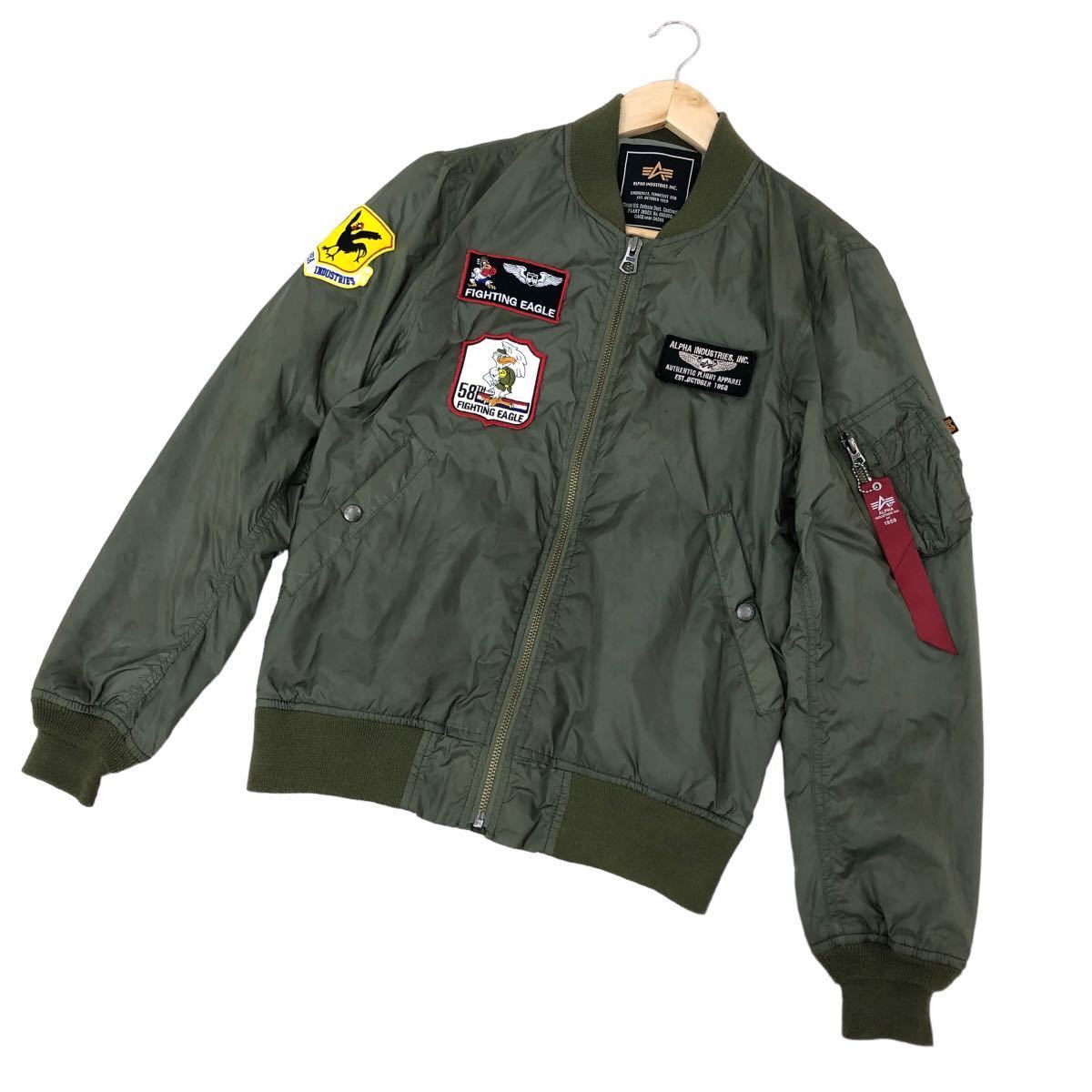 H649 ALPHA INDUSTRIES アルファインダストリーズ MA-1 ナイロン ミリタリー ジップアップ ジャケット ブルゾン 上着 カーキ系 メンズ Mの画像1