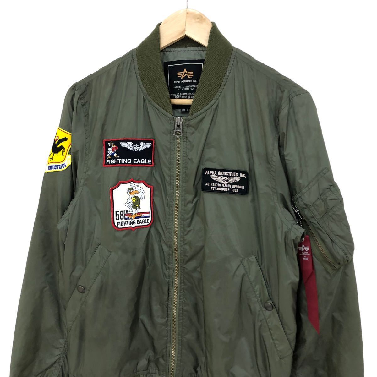 H649 ALPHA INDUSTRIES アルファインダストリーズ MA-1 ナイロン ミリタリー ジップアップ ジャケット ブルゾン 上着 カーキ系 メンズ Mの画像4