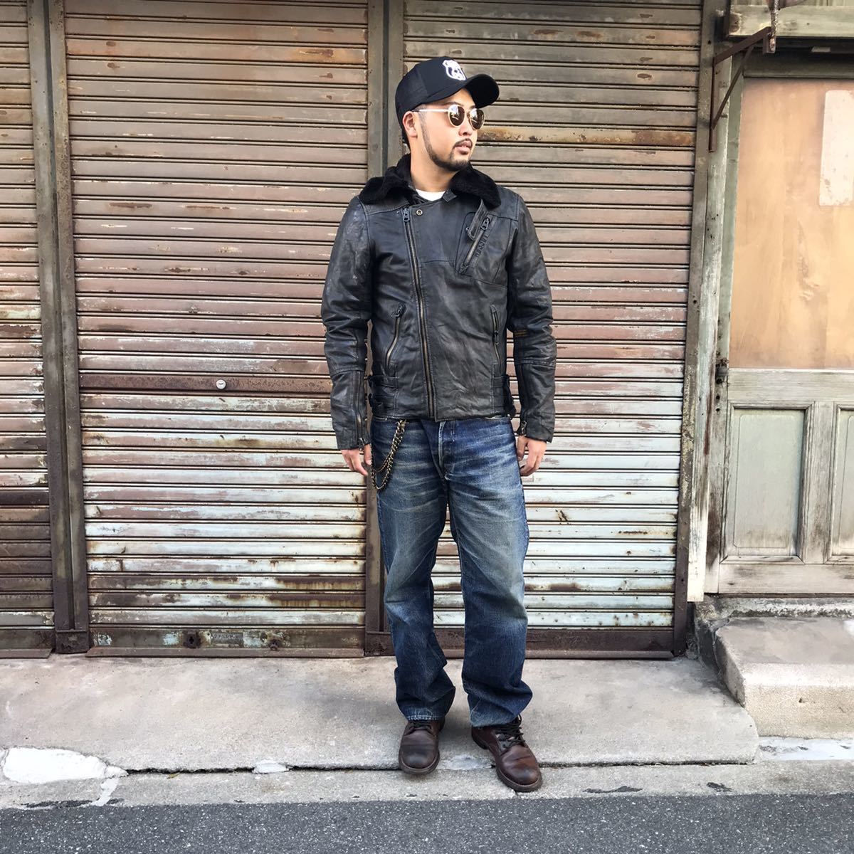 極上 G-STAR RAW レザー 羊革 ラムスキン 襟ボア ライダースジャケット