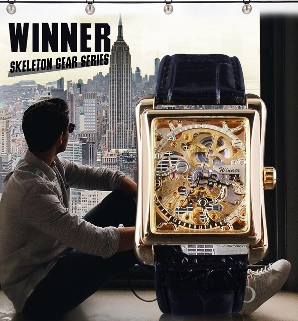 T-WINNER 高級メンズ腕時計 手巻き式 機械式 スケルトン レクタングル文字盤 レトロクラシック ヨーロッパ人気モデル_画像6