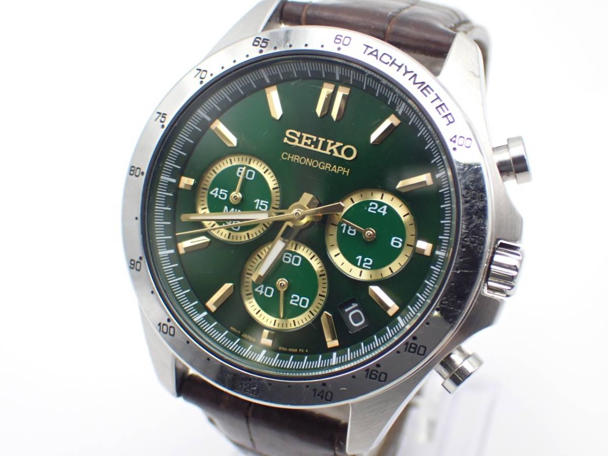 １円～☆稼働品☆SEIKO セイコー クロノグラフ QZ 8T63-00D0 緑文字盤