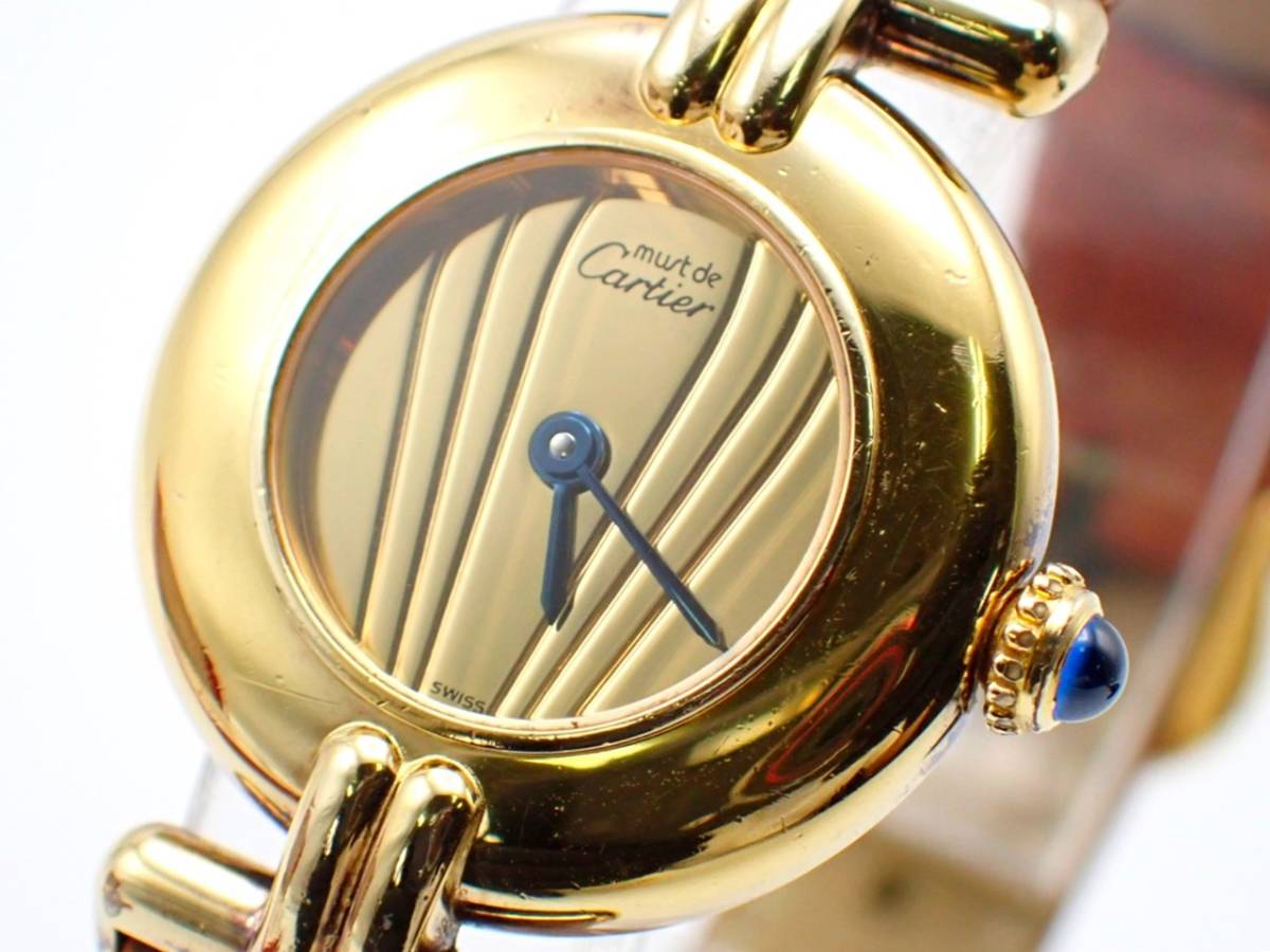 稼働 箱付★Cartier カルティエ QZ 590002 マストコリゼ ヴェルメイユ SV925 ゴールド文字盤 ラウンド レディース腕時計 Ｅ754585