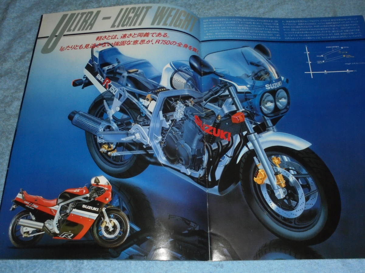 ★1985年 ?▲GR71F スズキ GSX-R750 バイク カタログ▲SUZUKI GSX-R750▲油冷 4ストローク 4気筒 DOHC 749cc 77PS/前輪油圧ダブルディスク_画像3