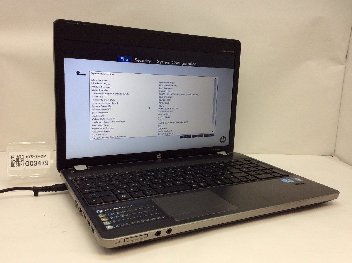 数量は多 Core Intel 4530s ProBook HP HP i5-2430M OS無し【G03479