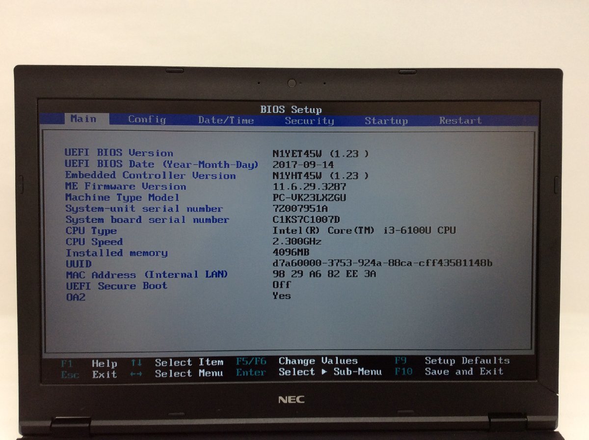ジャンク/ NEC PC-VK23LXZGU Intel Core i3-6100U メモリ4.1GB ストレージ無し 【G10473】の画像5