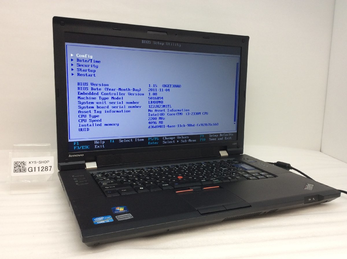 ジャンク/ LENOVO 5016B94 ThinkPad L520 Intel Core i3-2330M メモリ4.1GB ストレージ無し 【G11287】_画像1
