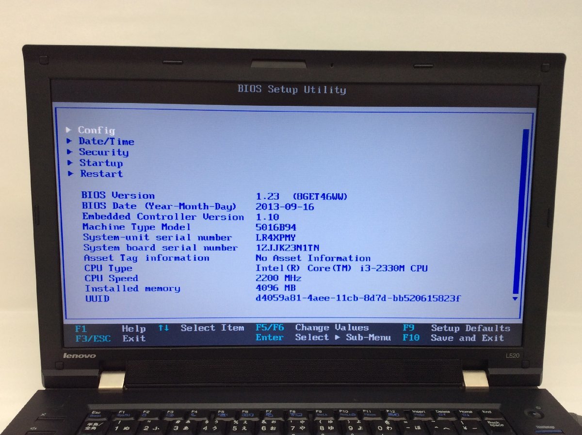 ジャンク/ LENOVO 5016B94 ThinkPad L520 Intel Core i3-2330M メモリ4.1GB ストレージ無し 【G11357】_画像5