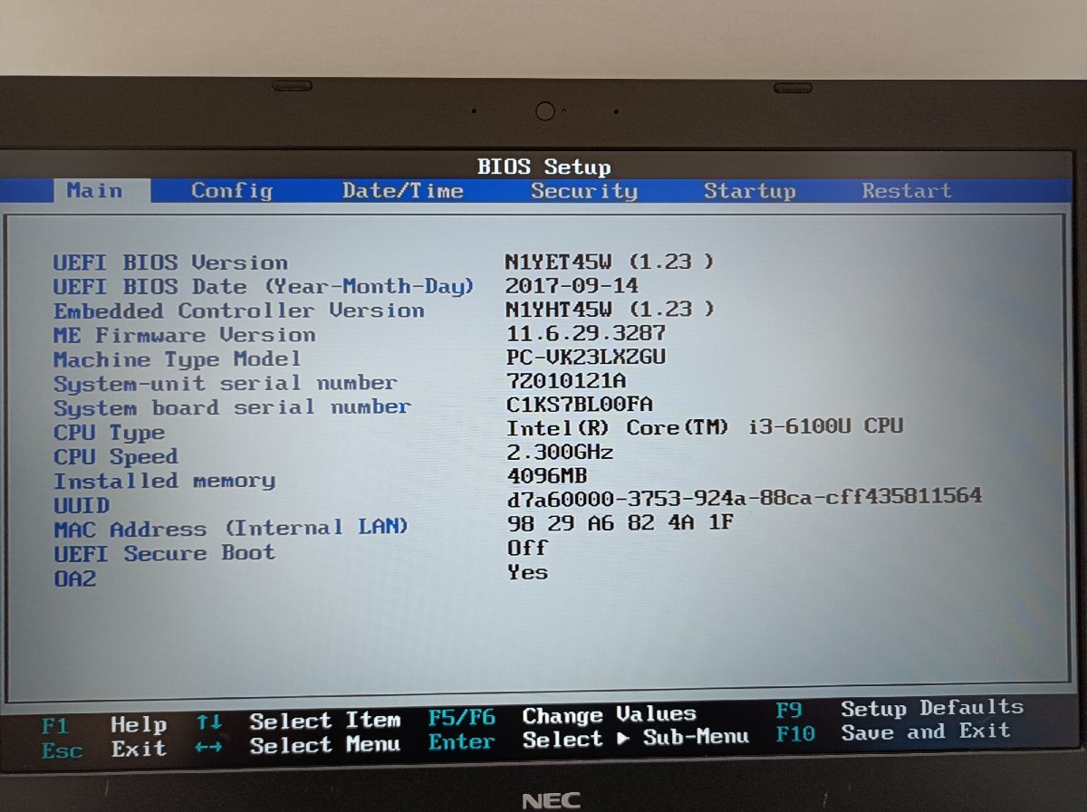 ジャンク/ NEC PC-VK23LXZGU Intel Core i3-6100U メモリ4.1GB ストレージ無し 【G10786】の画像2