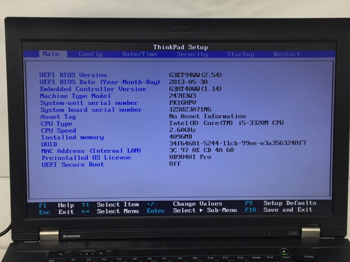 ジャンク/ LENOVO 24783W3 ThinkPad L530 Intel Core i5-3320M メモリ4.1GB ストレージ無し 【G11432】_液晶に写真では分かりにくい色ムラあります