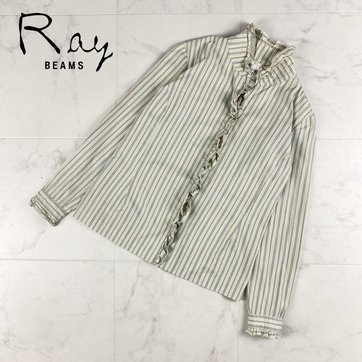  beautiful goods Ray BEAMS Ray Beams stripe collar frill long sleeve blouse shirt tops lady's beige group size S*FC244