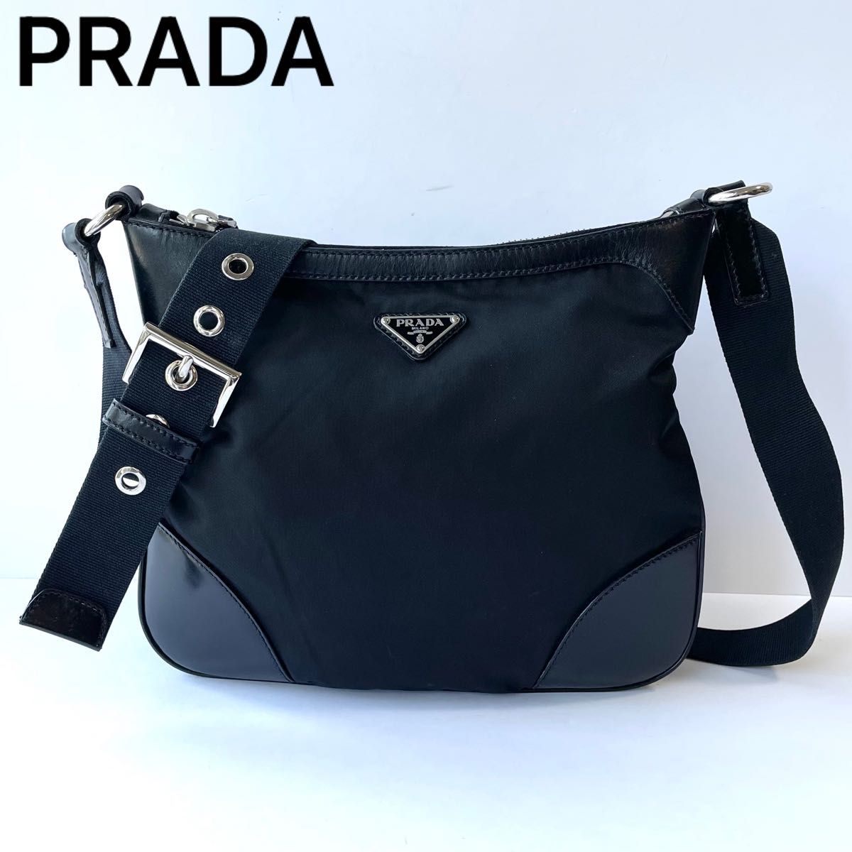 【美品】PRADA プラダ ショルダーバッグ クロスボディナイロン × レザー トライアングルロゴ 白タグ 黒 メンズ レディース