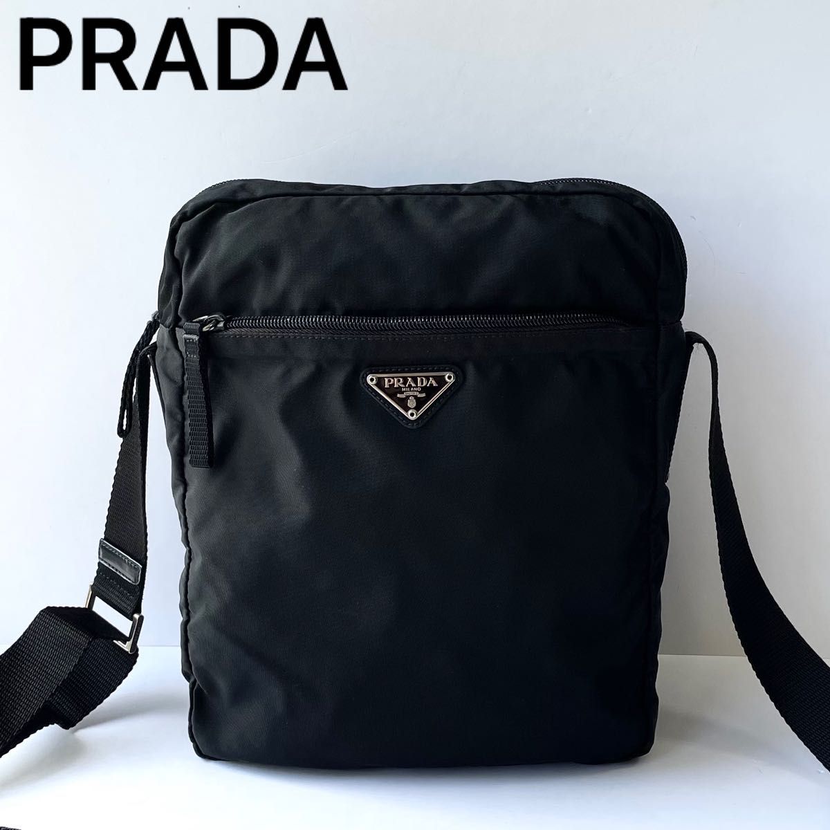 【良品】PRADA プラダ ショルダーバッグ ナイロン × レザー スクエア型 三角ロゴ 白タグ 黒 ブラック メンズ レディース