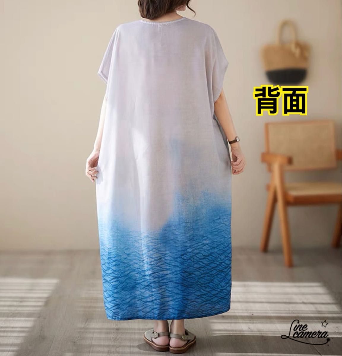 XL【新品】夏　薄手　丸襟　海　個性的　Aライン　マキシ　ゆったり