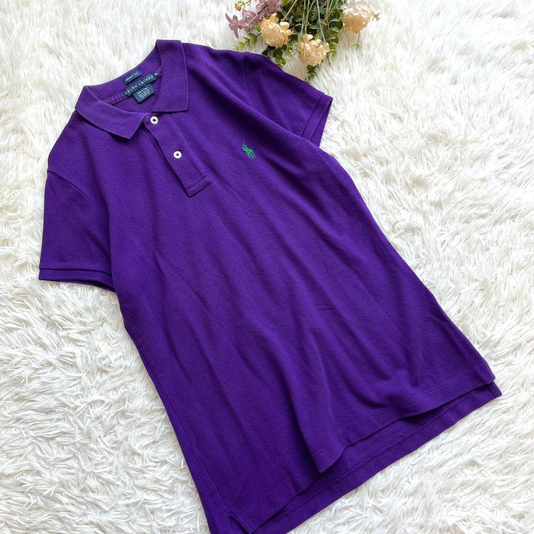 E4907　ラルフローレン　【M】ポロシャツ 半袖 カットソー トップス 胸ロゴ 紫 緑_画像1
