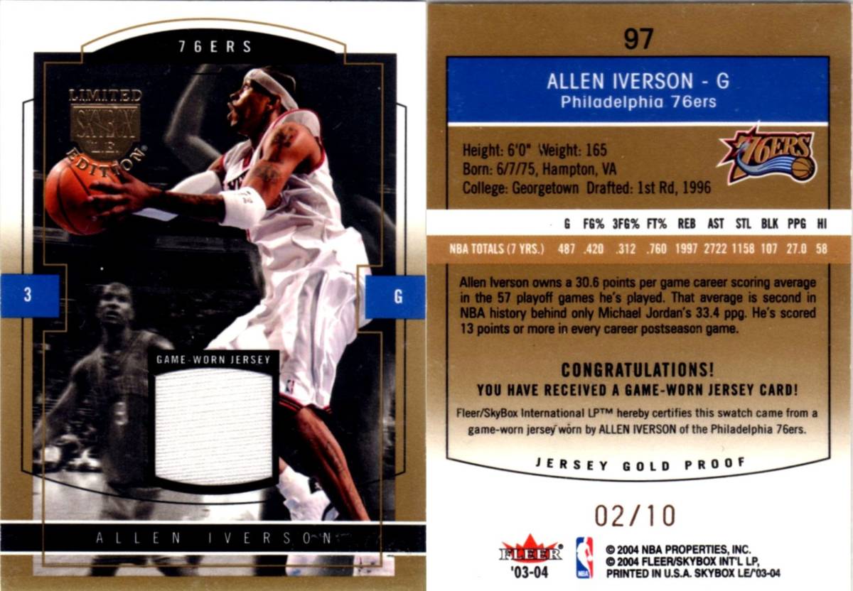 ★3枚セット★ Allen Iverson 2003-04 Skybox LE Jersey Gold Proof /10, Jersey Silver Proof /25, Jersey Proof /399