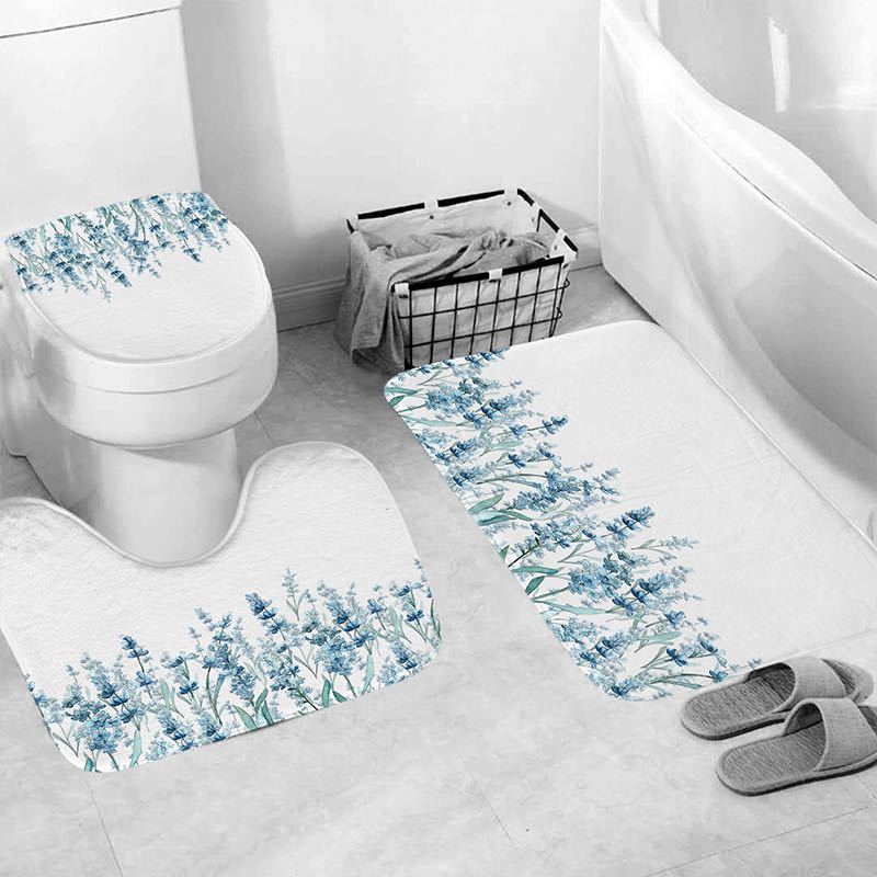  new goods shower curtain toilet cover bathroom mat blue floral print 4 point set mold proofing water-repellent atmosphere decoration light weight speed . bath supplies 