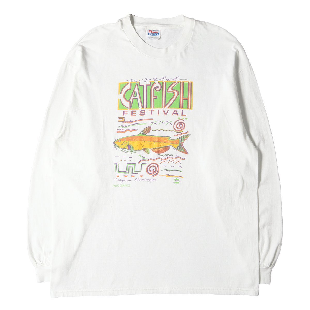 90s CATFISH FESTIVAL アート クルーネック ロングスリーブ Tシャツ 90年代 Hanes ヘインズ 魚 ナマズ アニマル ホワイト 白 XL トップス