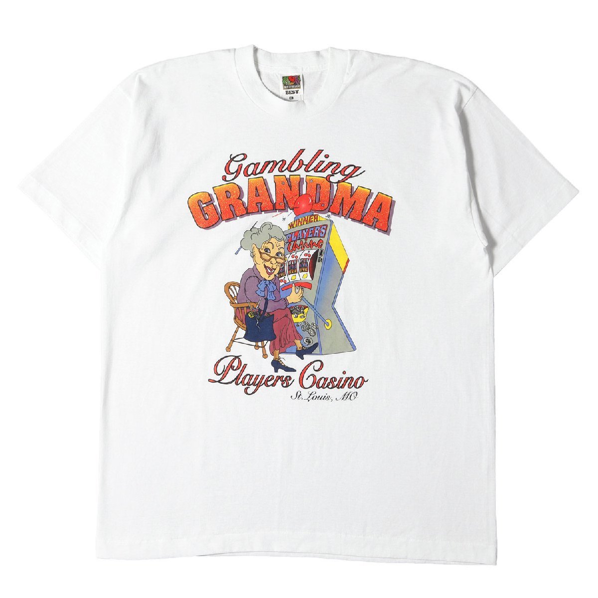 90s gambling GRANDMA カジノ クルーネック 半袖 Tシャツ 90年代 USA製 FRUIT OF THE LOOM フルーツオブザルーム ホワイト 白 XL 古着