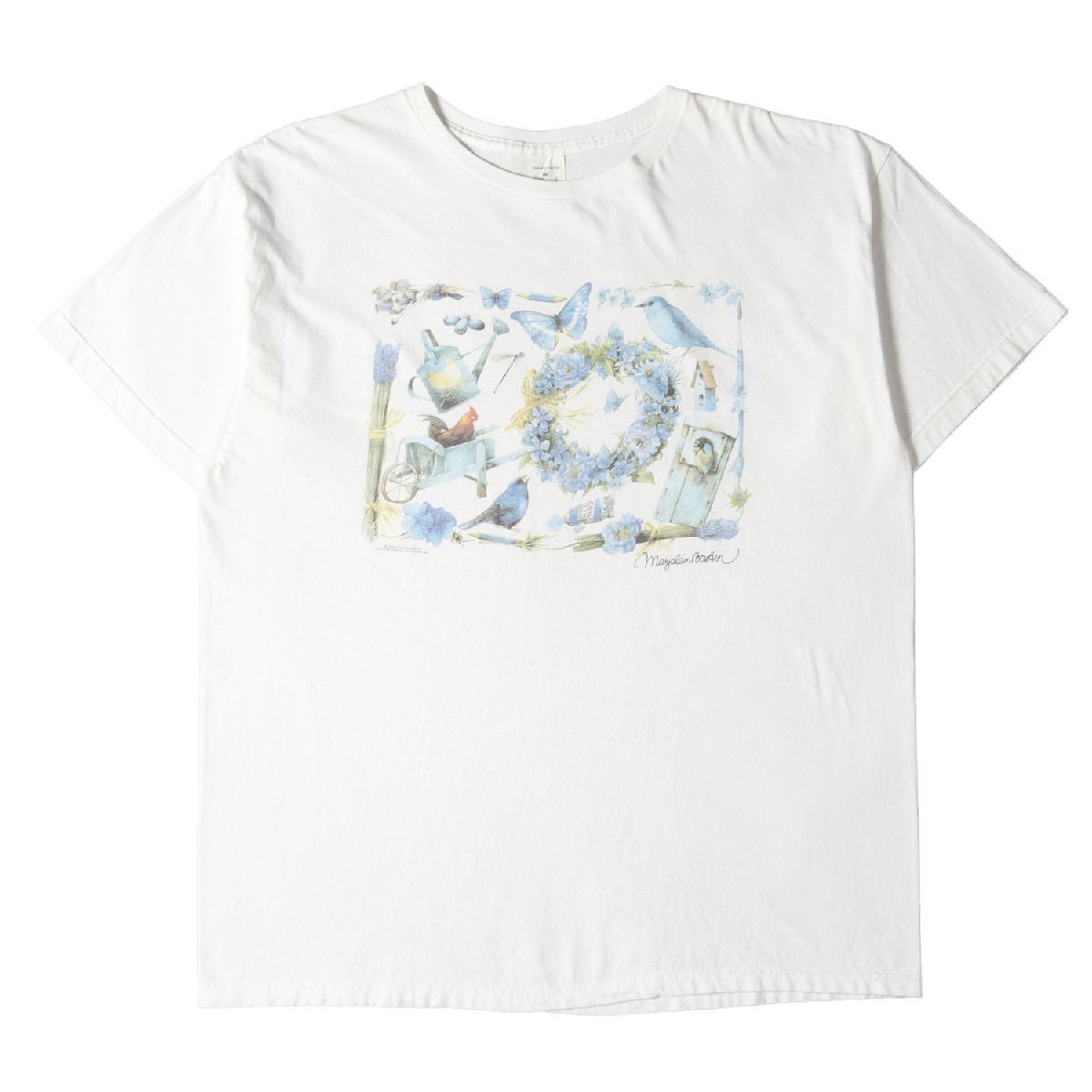 90s グリーディングカード ブルー アート クルーネック 半袖 Tシャツ 90年代 USA製 Hallmark 花 鳥 アニマル フラワー ホワイト XXL