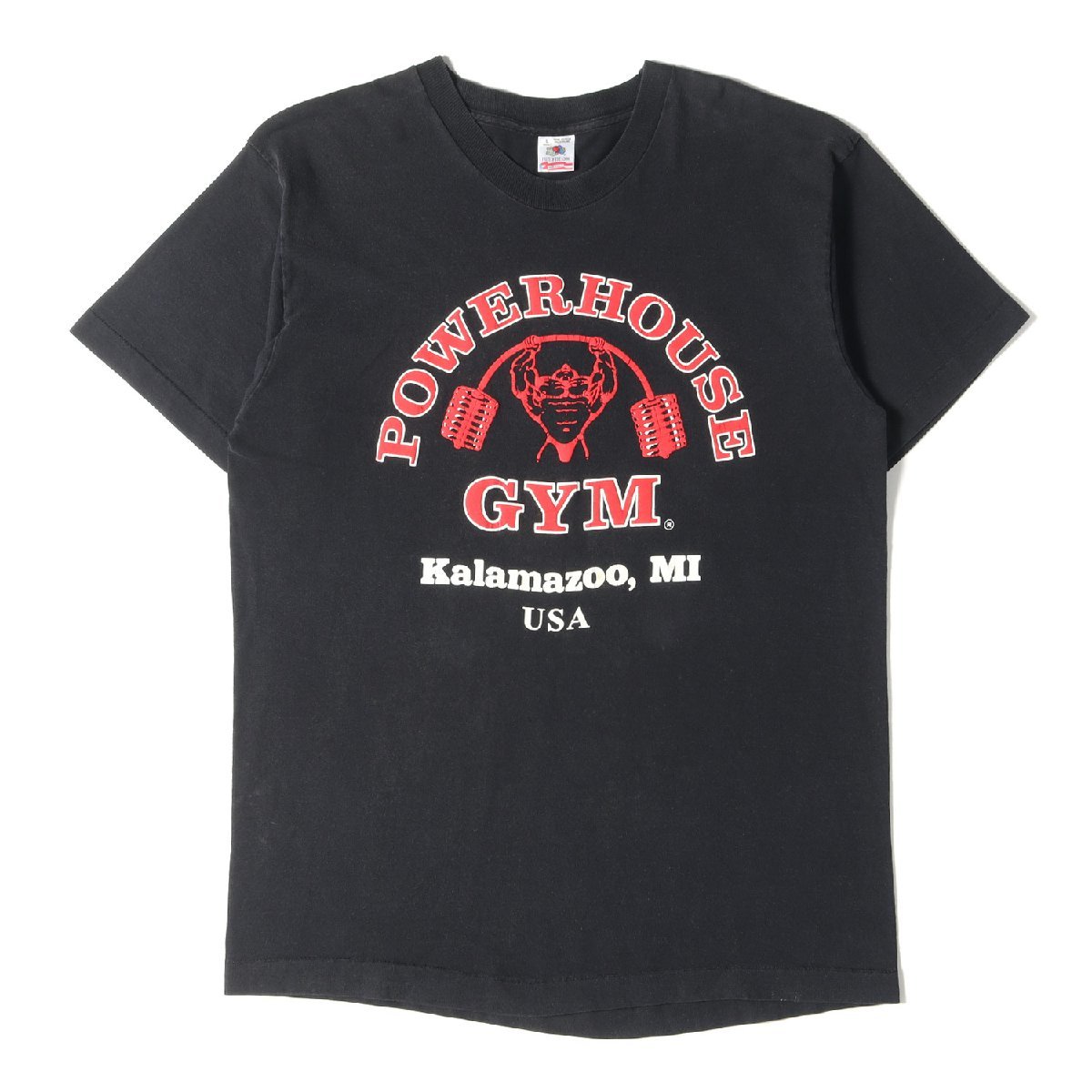 90s POWERHOUSE GYM アドバタイジング クルーネック 半袖 Tシャツ 90年代 USA製 FRUIT OF THE LOOM ブラック L ヴィンテージ古着 ジム_画像1