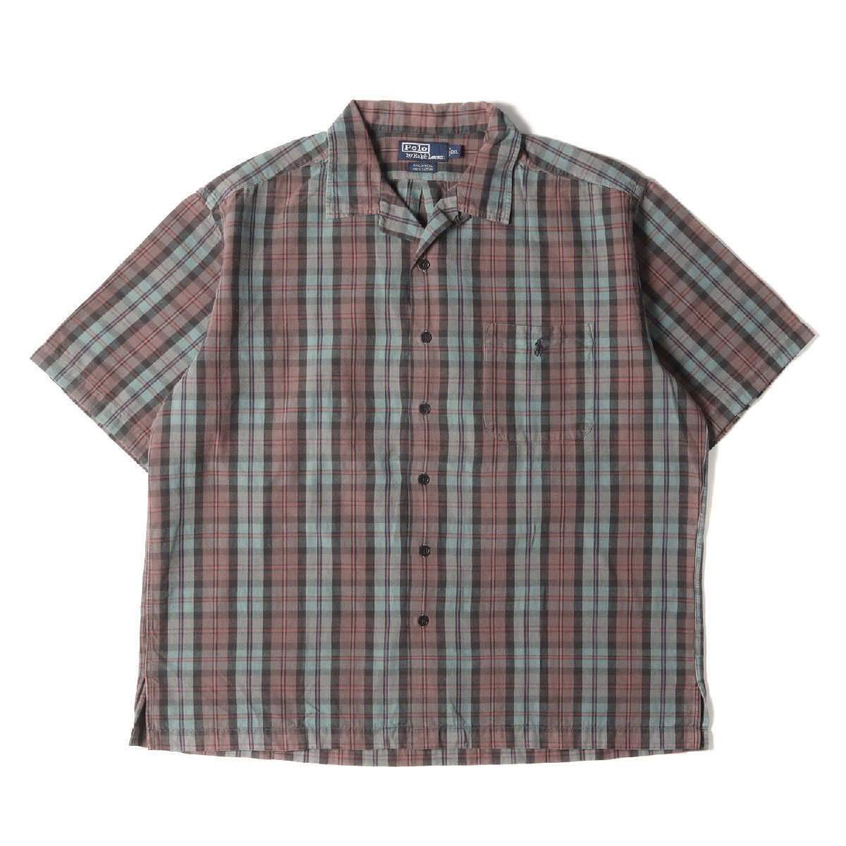 POLO Ralph Lauren ポロ ラルフローレン シャツ サイズ:XL CALDWELL オープンカラー チェック 半袖 シャツ 90s 90年代 グリーン レッド