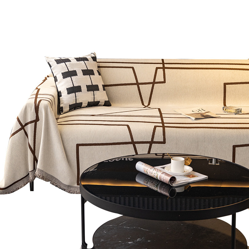  line art sofa cover 3 seater . stylish geometrical pattern Northern Europe thick comfortable tassel white ground black ground white black orange gray Brown 