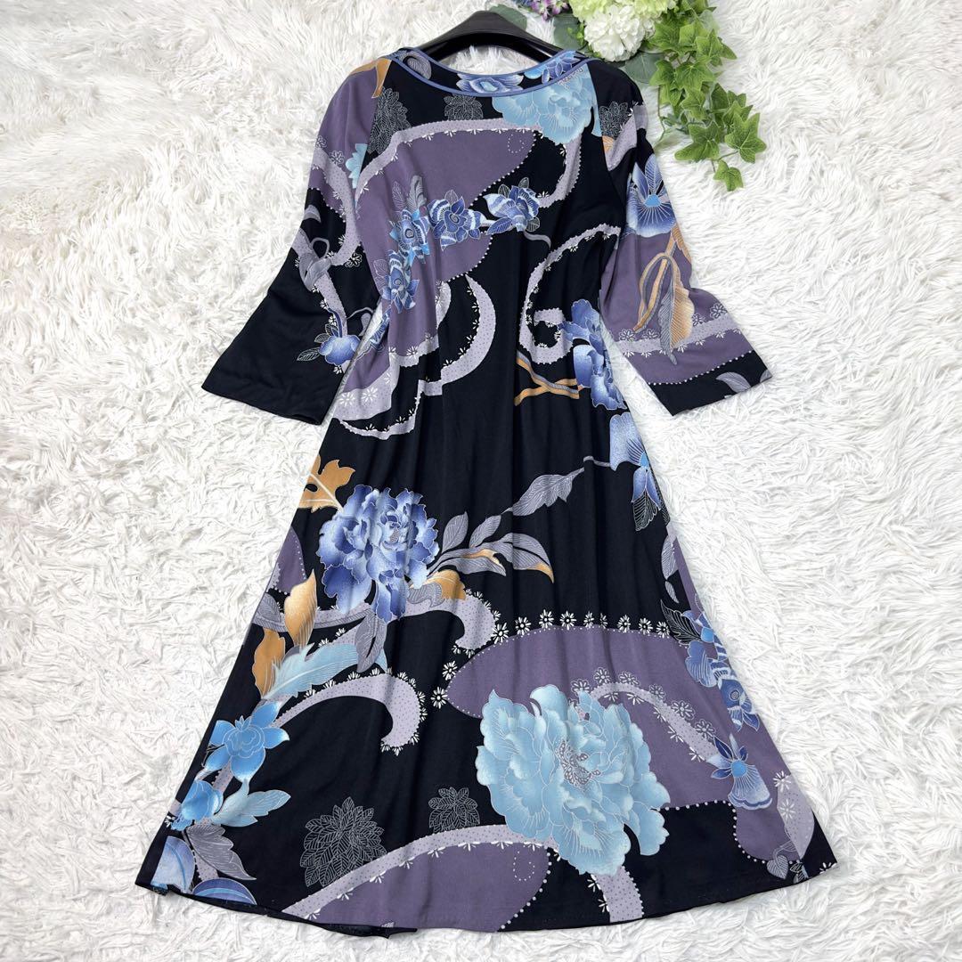 美品 LEONARD レオナール カンカン素材 七分袖 ロングワンピース