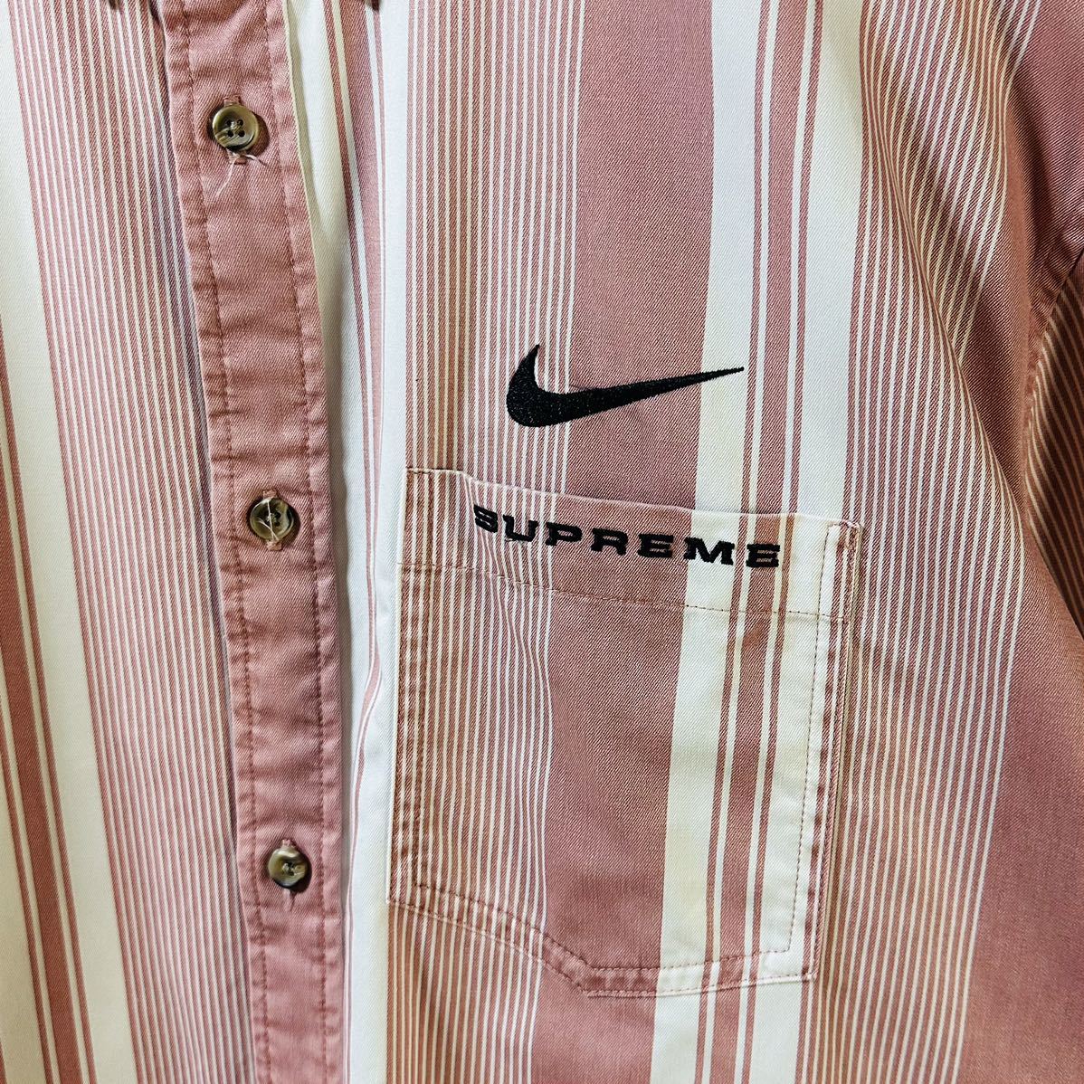 【美品】supreme NIKE cotton twill コットン ツイル ピンク ストライプ 長袖 ボタンダウン シャツ シュプリーム ナイキ コラボ XLサイズ
