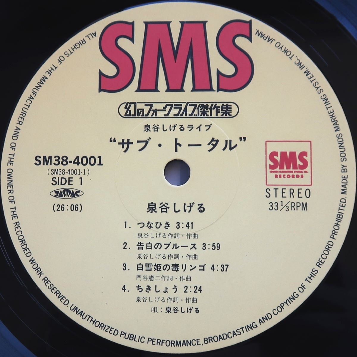 LP 泉谷しげる ライブ サブ・トータル 幻のフォークライブ傑作集 SM38-4001/2 帯付 高中正義 三保敬太郎_画像5