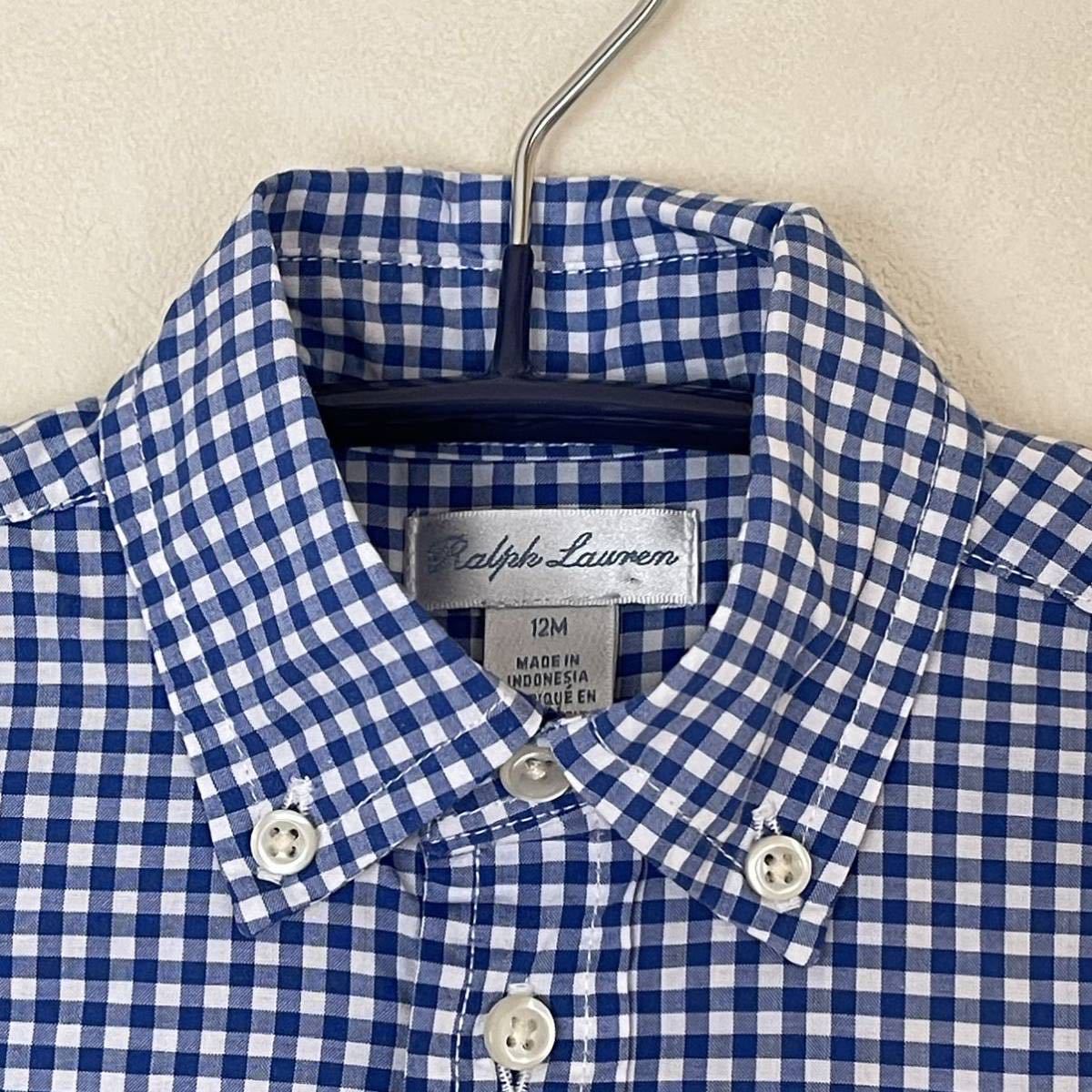 超美品 Ralph Lauren(ラルフローレン)半袖 シャツ T80cm.B48cm(12M)ベビー キッズ 使用２回 ブルー ホワイト  ラルフローレン(株) コットン