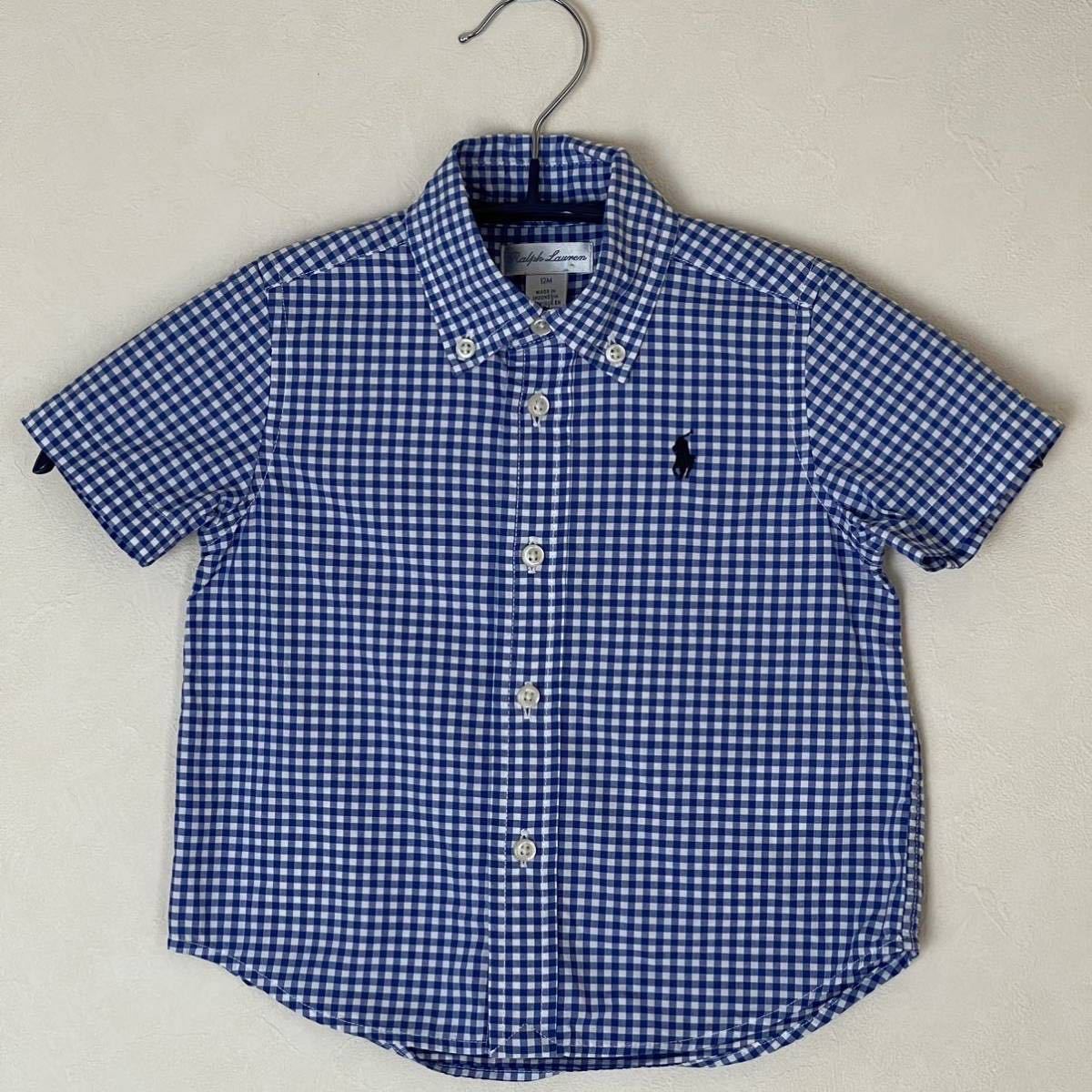 超美品 Ralph Lauren(ラルフローレン)半袖 シャツ T80cm.B48cm(12M)ベビー キッズ 使用２回 ブルー ホワイト  ラルフローレン(株) コットン