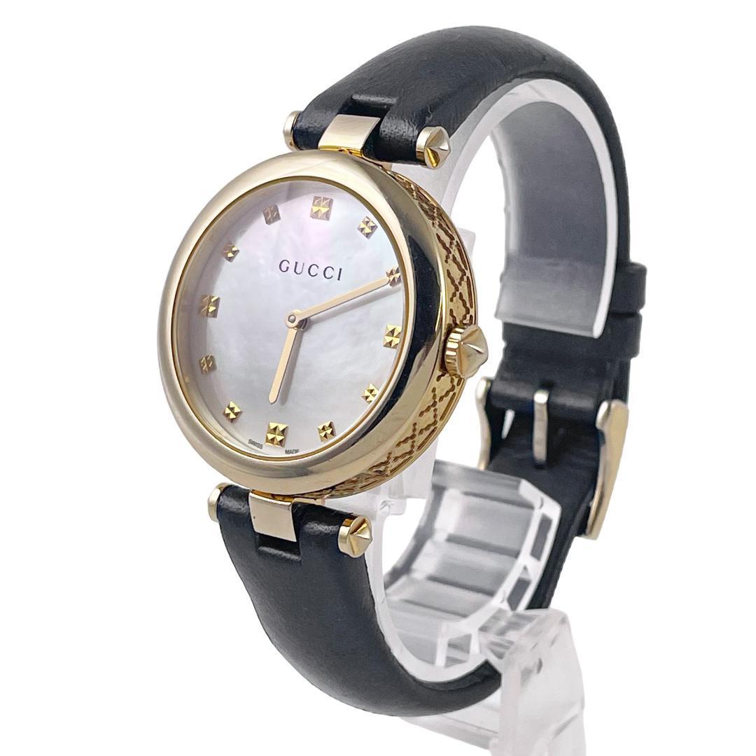 ★現行・美品★GUCCI グッチ 腕時計 ディアマンティッシマ 32MM 141.4 YA141404 ゴールド 黒 シェル文字盤 ホワイトシェル レザーバンド
