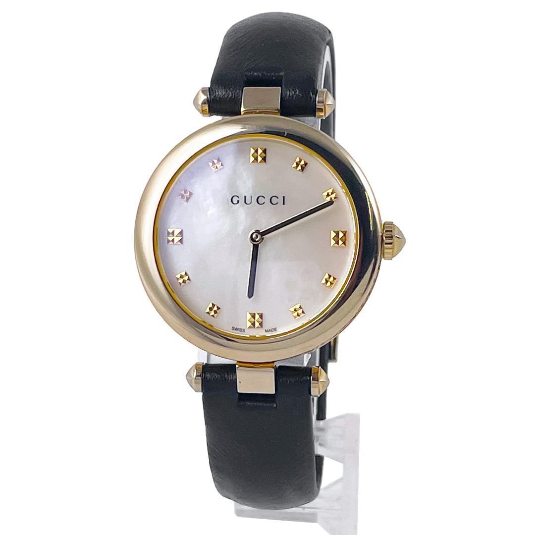★現行・美品★GUCCI グッチ 腕時計 ディアマンティッシマ 32MM 141.4 YA141404 ゴールド 黒 シェル文字盤 ホワイトシェル レザーバンド
