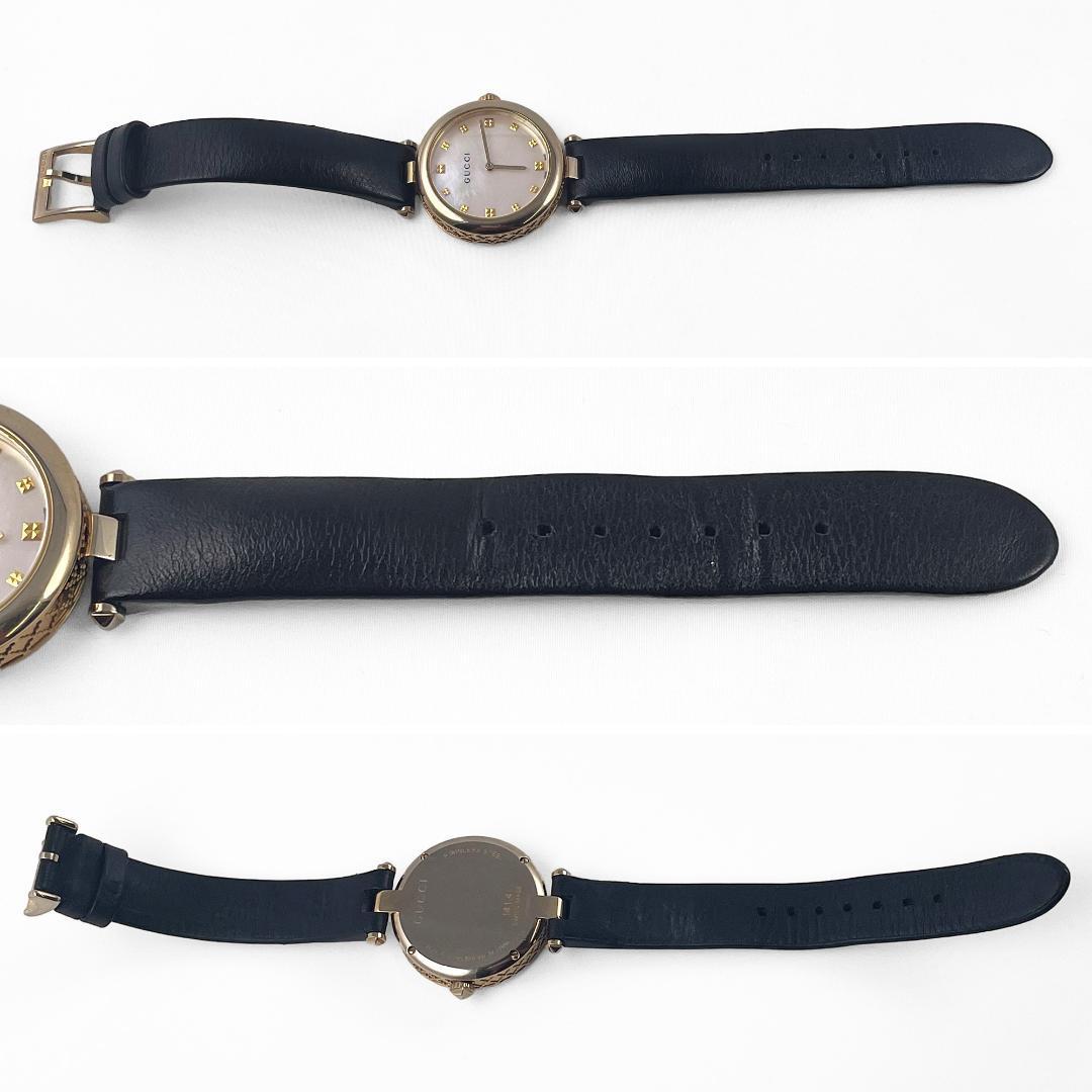 ★現行・美品★GUCCI グッチ 腕時計 ディアマンティッシマ 32MM 141.4 YA141404 ゴールド 黒 シェル文字盤 ホワイトシェル レザーバンド