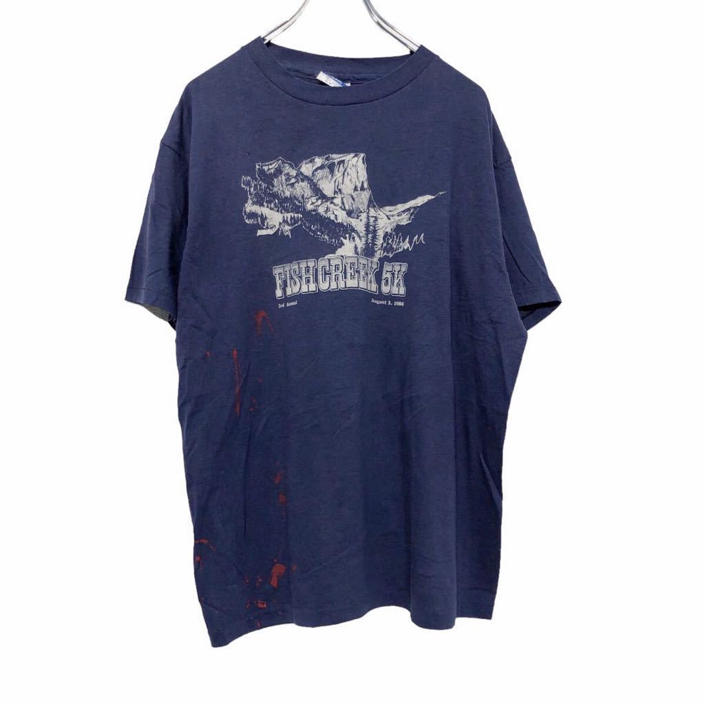 Hanes 半袖 プリントTシャツ XL ブルー ホワイト ヘインズ アメリカ製 山 FISH CREEK 5K 古着卸 アメリカ仕入 a508-5601_画像1