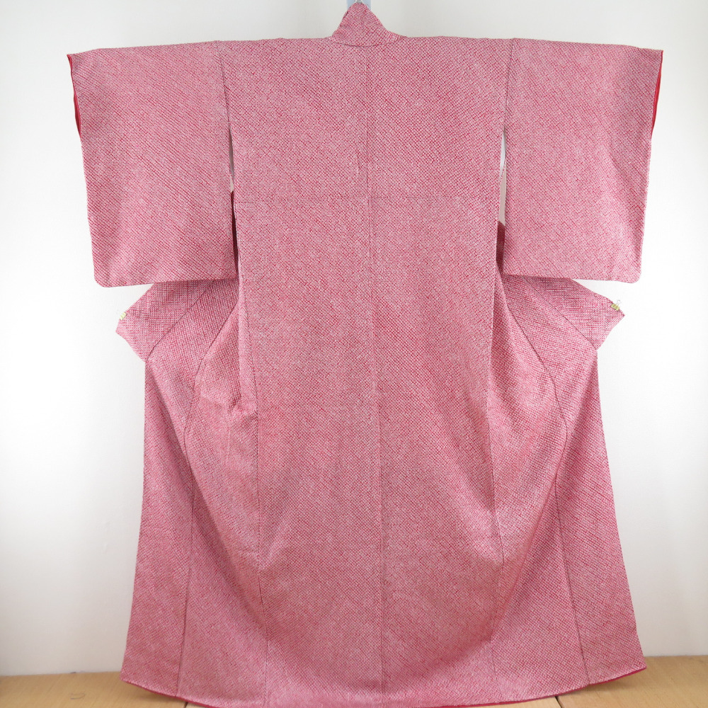 【高価値】 小紋 総絞り 正絹 赤色 袷 広衿 カジュアル 仕立て上がり着物 身丈165cm 美品 仕立て上がり