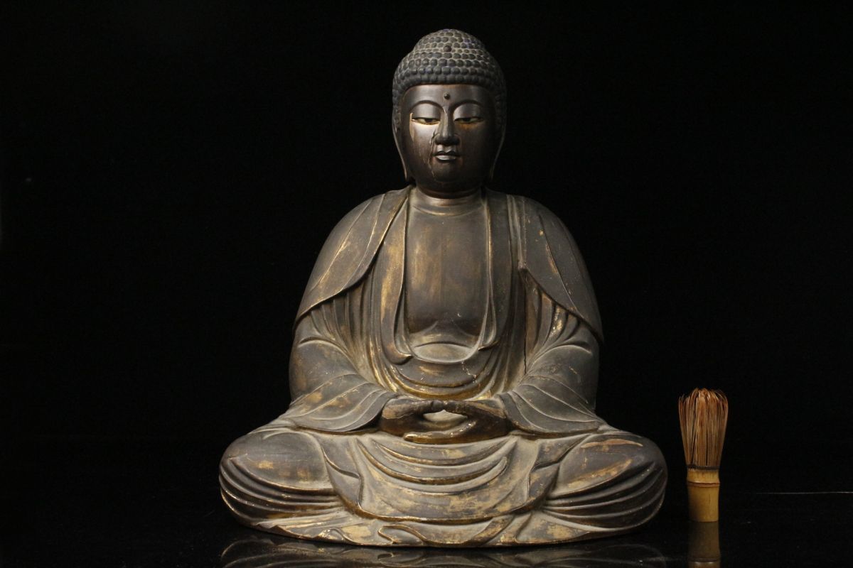 LIG】江戸期 木彫 玉眼 釈迦如来坐像 特大43㎝ 時代仏教美術 寺院引取