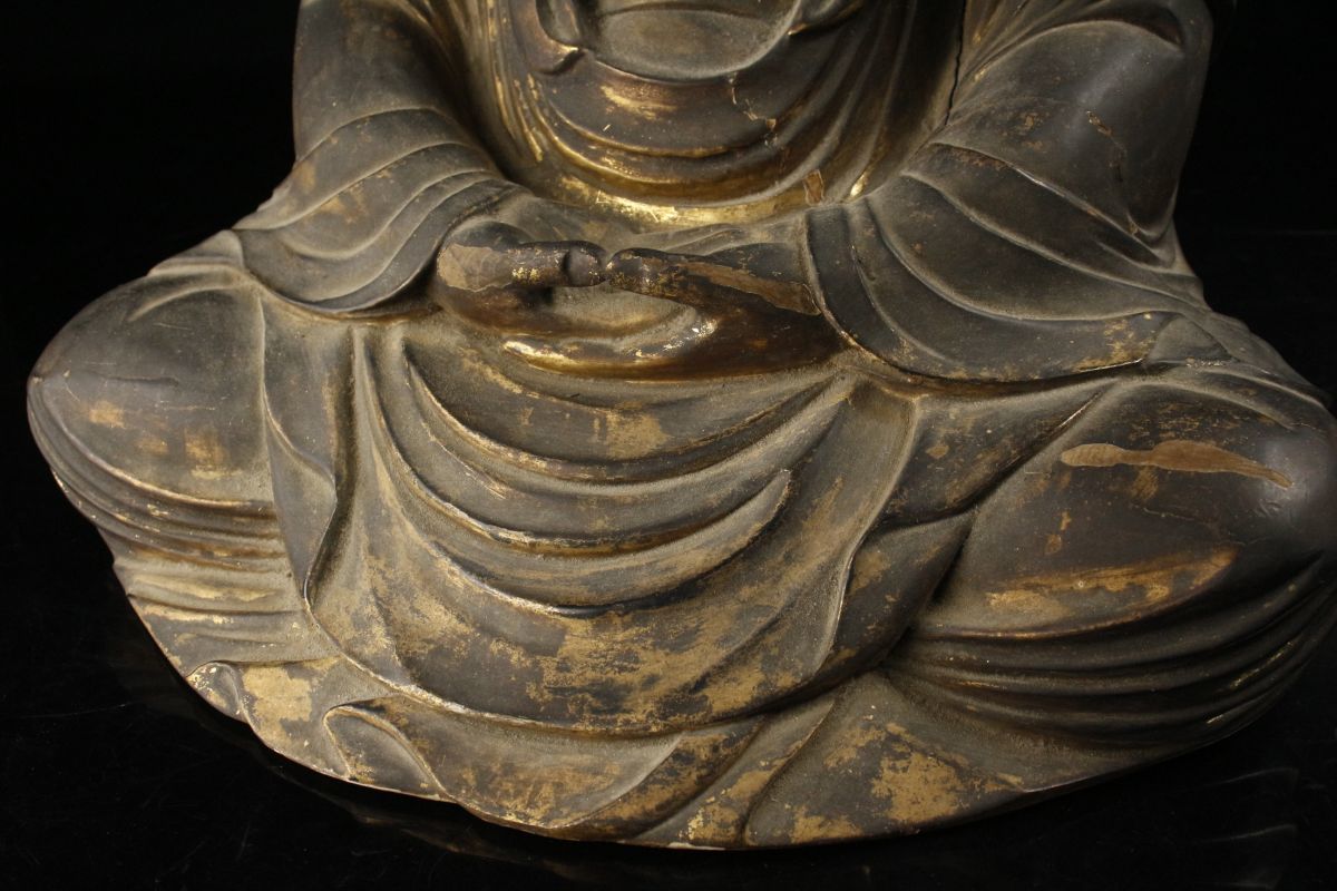 LIG】江戸期 木彫 玉眼 釈迦如来坐像 特大43㎝ 時代仏教美術 寺院引取