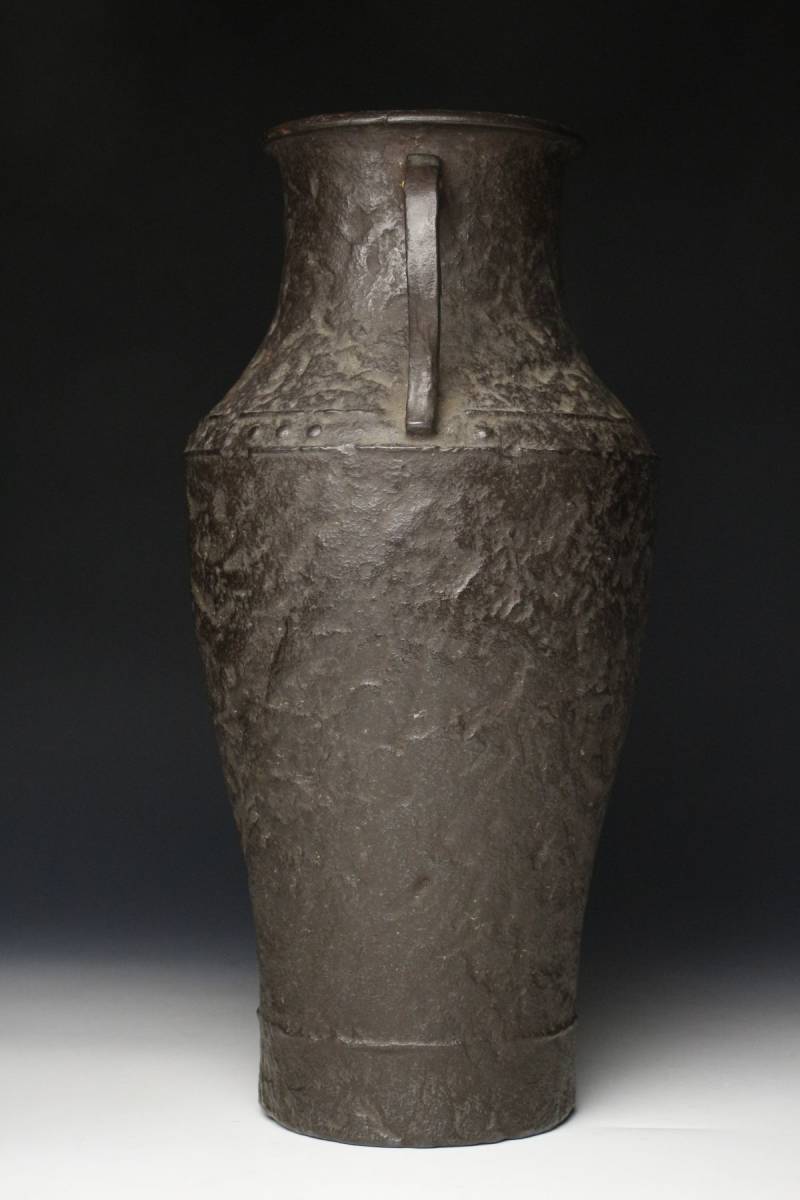 LIG大日本帝国岩代造鉄製金象嵌獣耳花瓶㎝ 5.7kg 花器古美術