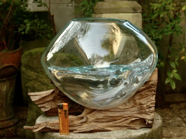 吹きガラスの花瓶+流木台座 h26cm アクアリウム水槽 テラリウム ガラスオブジェ メダカ鉢　玄関飾 0420b