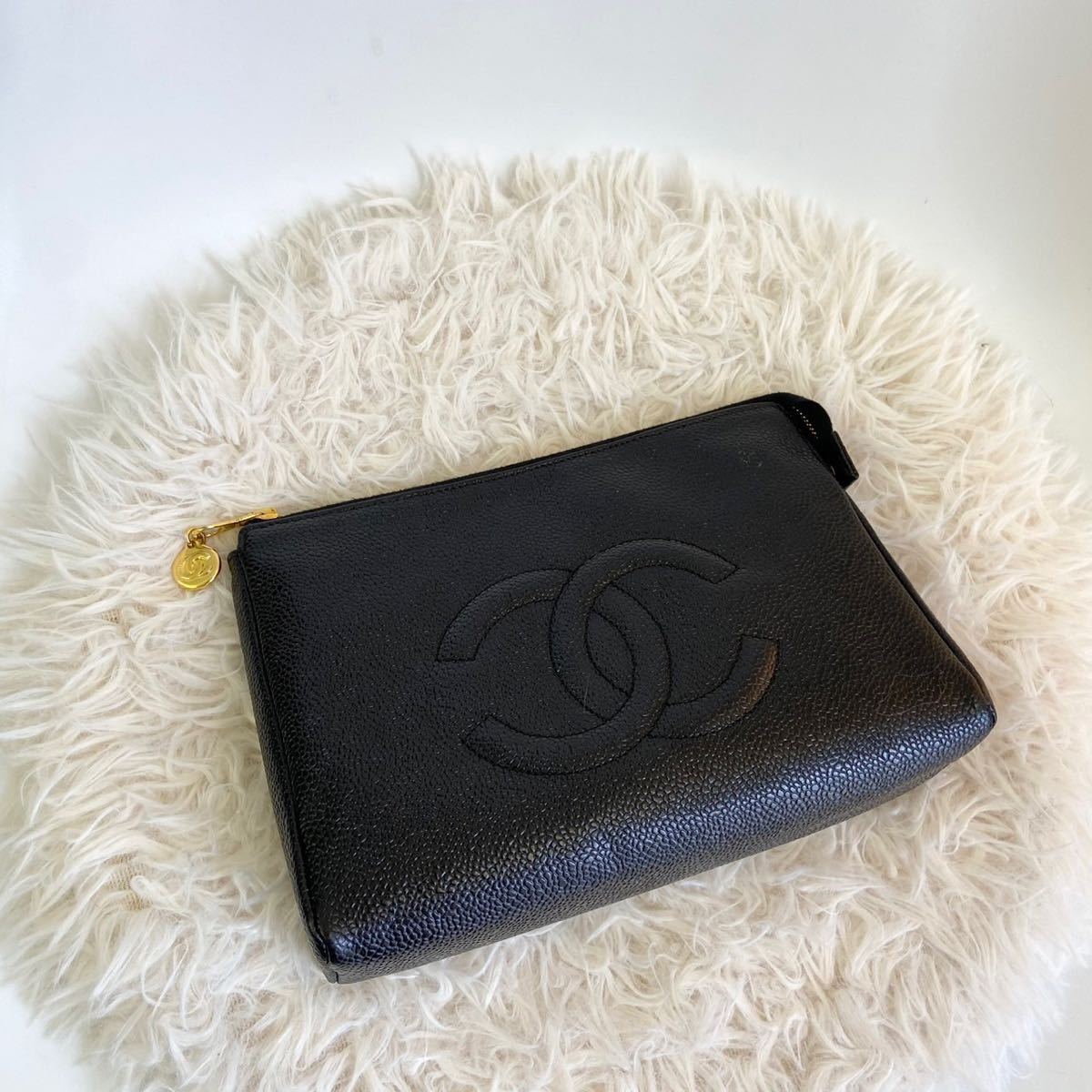 【CHANEL】ヴィンテージ シャネル コスメポーチ 化粧 ポーチ ココマーク キャビアスキン_画像2