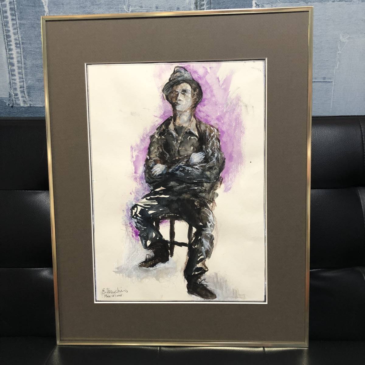 絵画美術　水彩画　s.ikeuchi　直筆肉筆　椅子に座る男の図　サイン　額装品