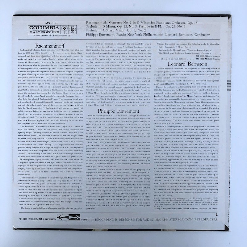 LP/ アントレモン、バーンスタイン / ラフマニノフ：ピアノ協奏曲第2番、前奏曲集(第2,3,6番) / US盤 COLUMBIA MS-6148 30726_画像2