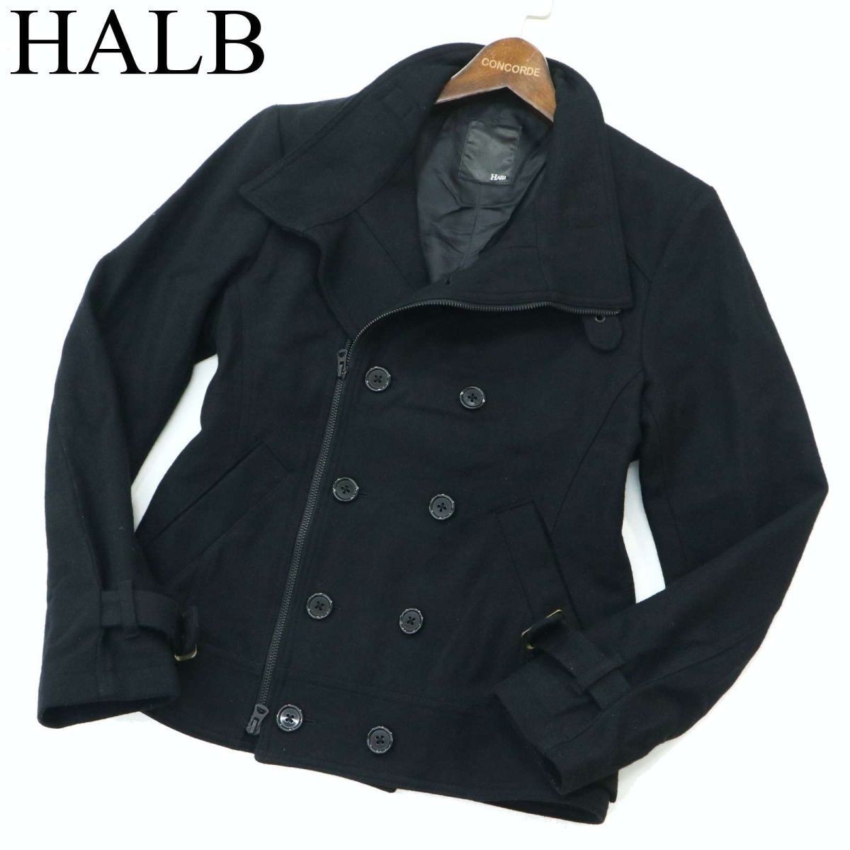 HALB ハルプ テットオム 秋冬 メルトン ウール★ ライダース ジップ デザイン Pコート ジャケット Sz.M　メンズ 黒　A2T12276_A#N_画像1