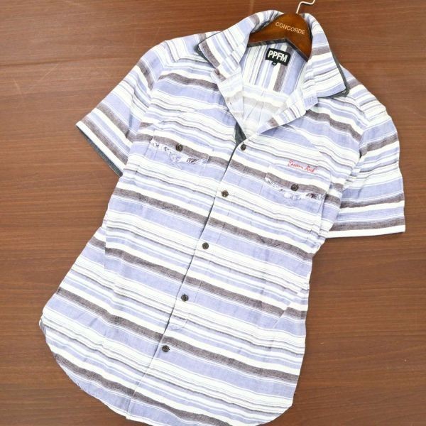 PPFM ペイトンプレイス 春夏 麻 リネン混★ 二重襟 ボーダー 半袖 シャツ Sz.M　メンズ　A2T06858_6#A_画像1