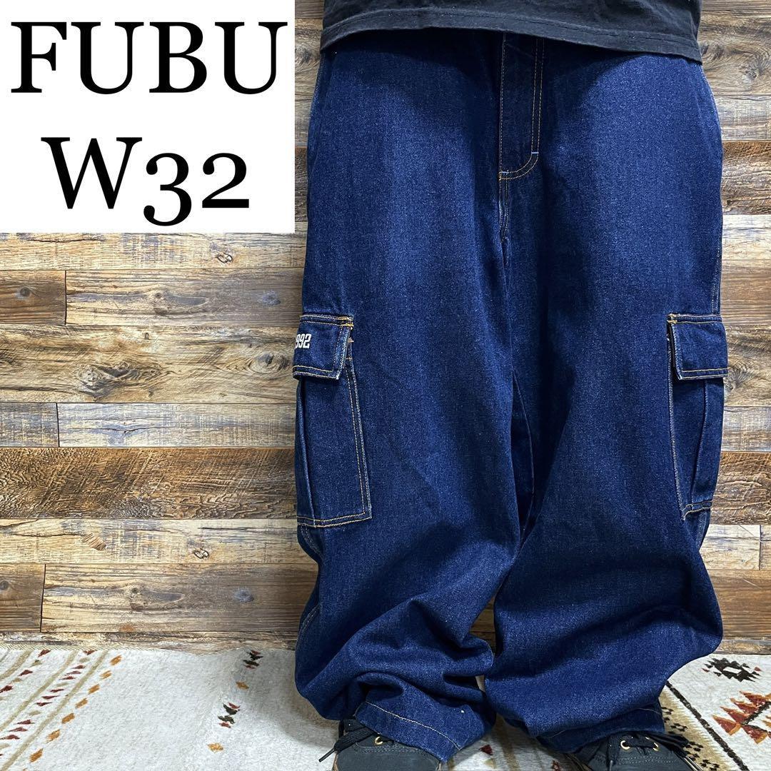 FUBU フブ バギーデニム カーゴパンツ ストリート 古着 w32 青 ブルー 極太 b系 y2k ジーンズ 刺繍 バギーパンツ オーバーサイズ  ジーンズ